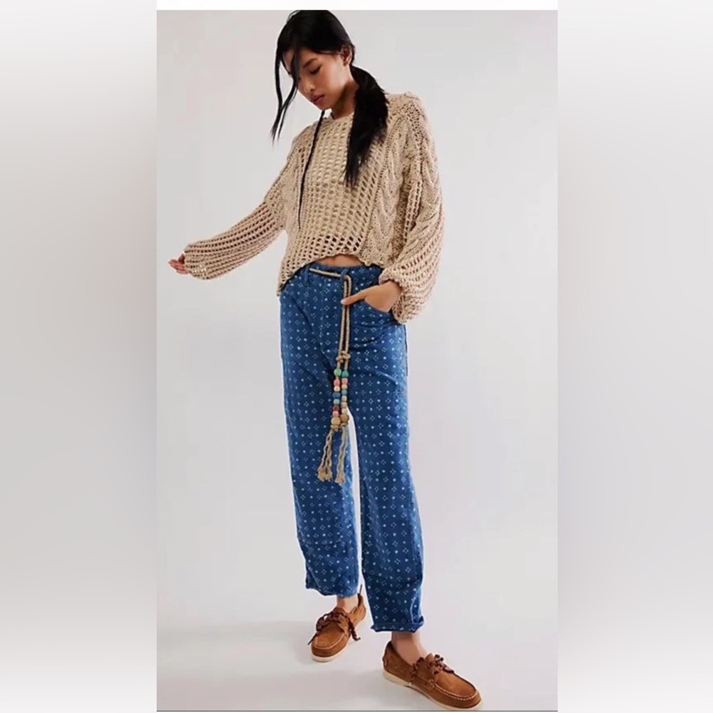 Free People Dr. Collectors Carpenter Block Print Pants Rope Beaded Indogo Blue